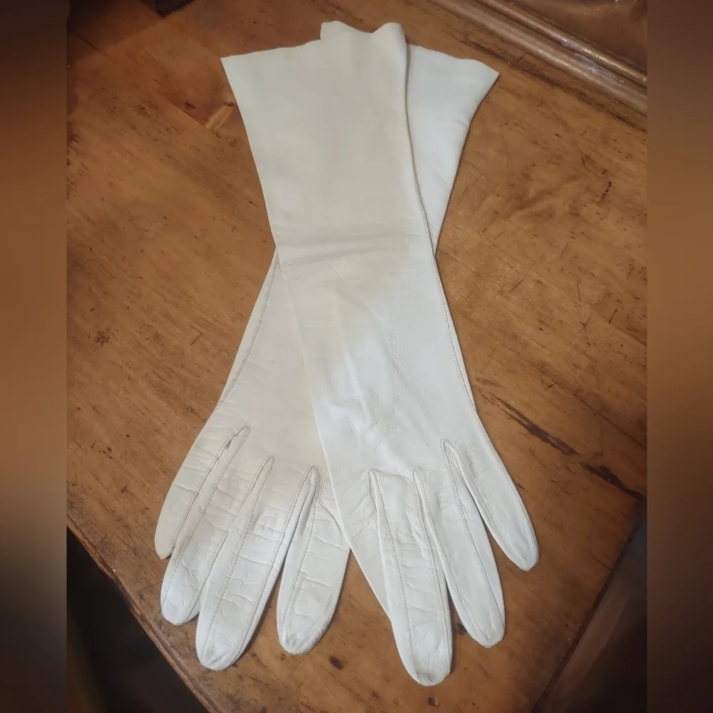 Sm Vintage Elegant White Leather Gloves Elbow Length